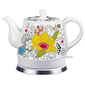 Chaleira Elétrica 1.2L com Desligamento Automático, Ceramica, 1000W, Floral, 110v, FIXTUREDISPLAYS, Branco