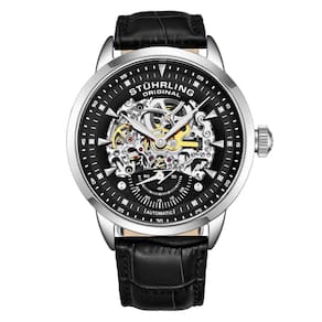 Relgio Automtico Executive 3133, 44mm, Mostrador Preto e Prata, Pulseira de Couro Preta e Fivela Tang de Prata - Stuhrling.