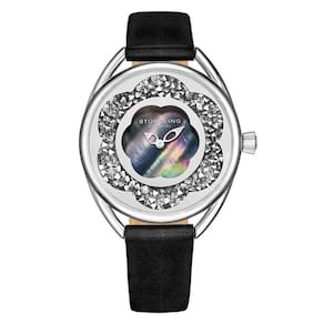 Relgio Stuhrling Lily 995, 38mm, mostrador azul, pulseira de couro preto com fivela prateada.