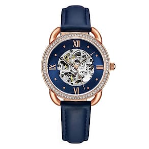 Relgio Automtico Stuhrling 3991 de 36mm com mostrador azul, pulseira de couro azul e fivela tang em camadas de ouro rosa.