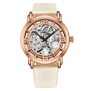 Relógio Winchester 3982 Automático 40mm, Mostrador Prateado, Pulseira de Couro Branco e Fivela em Camadas de Ouro - Stuhrling