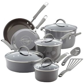 Conjunto de Panelas Antiaderentes e Utensílios, 12 Peças, RACHAEL RAY 16802, Cinza