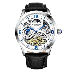 Relgio Stuhrling Reserva Especial 3921 Automtico 44mm, Mostrador Branco, Pulseira de Couro Preto, Fivela Tang Prata