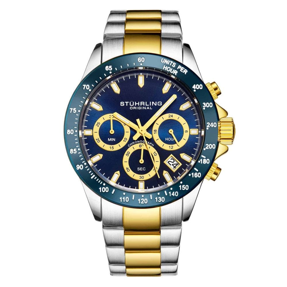 Relgio Crongrafo ltima 3960 de 42mm, Mostrador Azul e Pulseira de Ao Inoxidvel Dourada - Stuhrling