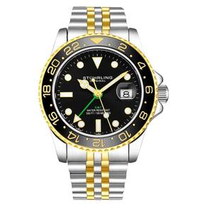 Relgio Stuhrling Meridian 3968 GMT 42mm, Mostrador Preto e Pulseira de Ao Inoxidvel Dourada