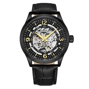 Relgio Automtico Stuhrling Dinamarca 3947, 42mm, Mostrador Preto, Pulseira de Couro Preto com Fivela Tang Preta