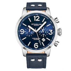 Relgio Stuhrling 3956 Aviador 45mm Mostrador Azul com Pulseira de Couro Azul e Fivela de Prata