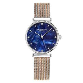 Relgio Stuhrling Cambria 3927 32mm com mostrador azul clssico, pulseira em ao inoxidvel rosa e fivela dobrvel em prata.