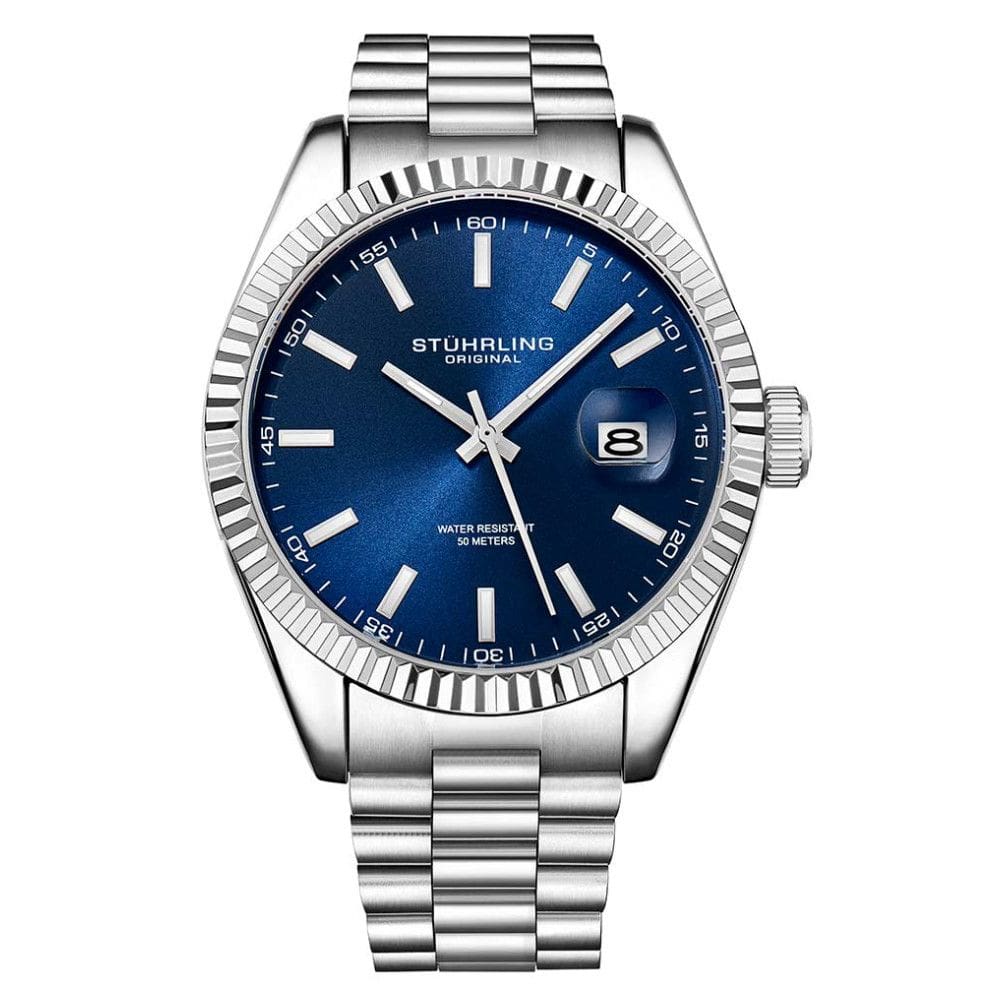 Relgio Stuhrling Lineage 3935 Clssico 42mm, Mostrador Azul e Pulseira de Ao Inoxidvel Prata
