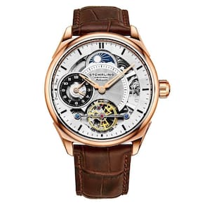 Relgio Presidia 943A Automtico 42mm, Mostrador Prateado com Detalhes em Rosa, Pulseira de Couro Marrom com Fivela Rose Tang - Stuhrling.