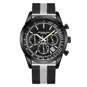 Relgio crongrafo Rialto 3975L de 44mm, mostrador preto, pulseira em liga de prata com fivela dobrvel preta - Stuhrling.