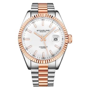 Relgio Stuhrling Lineage 3935 42mm, Mostrador Branco, Pulseira em Ao Inoxidvel Ouro Rosa de Dois Tons.
