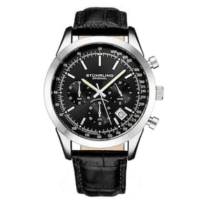 Relgio masculino Rialto 3975L de 44mm com crongrafo, mostrador preto e pulseira de couro preto com fivela Tang prateada - Stuhrling.