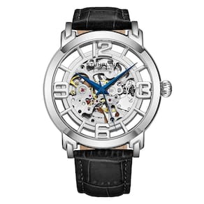 Relgio Automtico Winchester 3964L, 42mm, Mostrador Prateado, Pulseira de Couro Preto e Fivela Tang de Prata - Stuhrling
