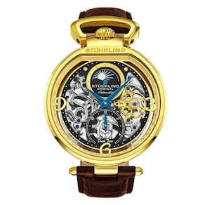 Relgio Automtico Modena 889 com Mostrador Preto de 46 mm, Pulseira de Couro Marrom e Fivela Dourada - Stuhrling