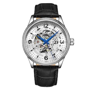 Relgio Automtico Stuhrling Dinamarca 3947 - Mostrador Branco, Pulseira de Couro Preto e Fivela de Prata Tang - 42mm