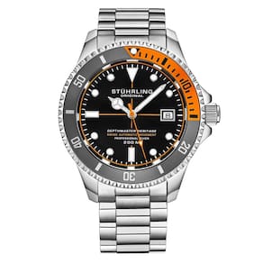 Relgio automtico Swiss Depthmaster Heritage 883H de 42mm com mostrador preto e pulseira de ao inoxidvel prateado - Stuhrling.