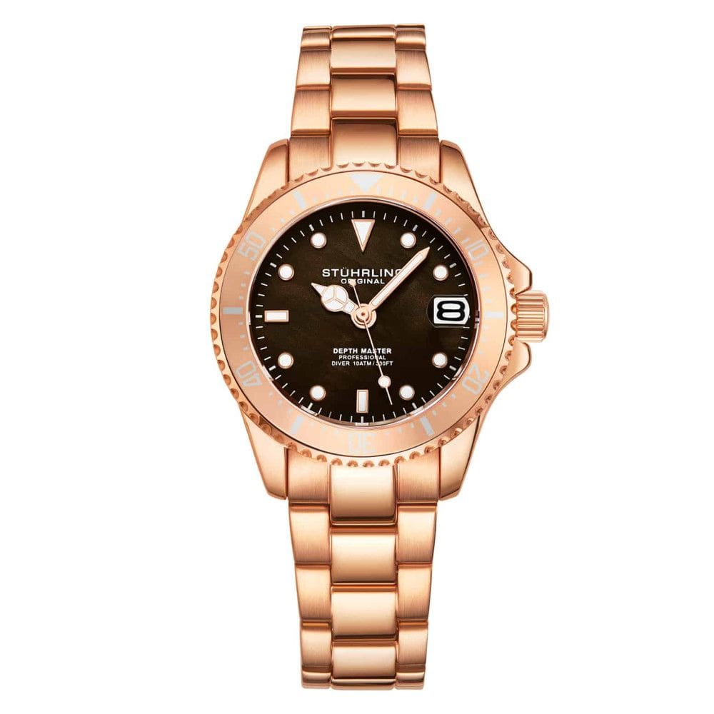 Relgio masculino Depthmaster 3950L 32mm com mostrador marrom e pulseira de ao inoxidvel rosa com fivela de implantao, da marca Stuhrling.