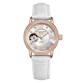 Relgio Stuhrling Legacy 3952 Automtico 34mm - Mostrador Prateado com Detalhes em Rosa e Pulseira de Couro Branco