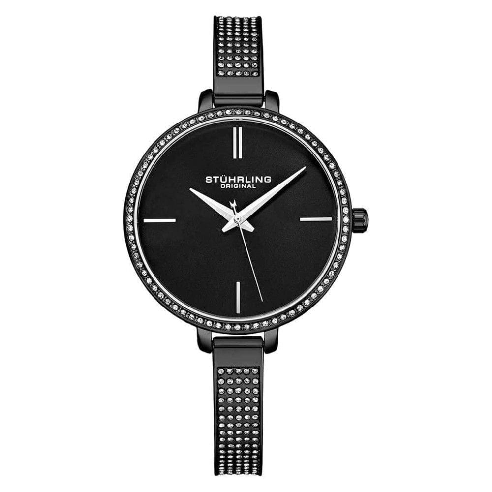 Relgio Pentai 3949 de 36mm com design fashion, mostrador preto e pulseira em ao inoxidvel preta com fivela, da marca Stuhrling.