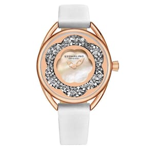 Relgio feminino Stuhrling Lily 995, 38mm, mostrador prateado, pulseira de couro branco e fivela Tang em camadas de ouro rosa.