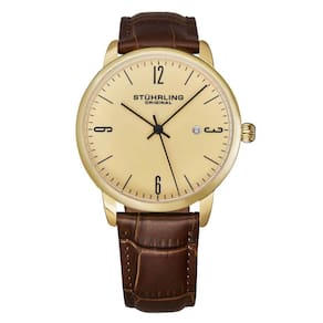 Relgio Stuhrling Classic 3997A com Mostrador Champanhe de 40mm, Pulseira de Couro Marrom e Detalhes em Amarelo