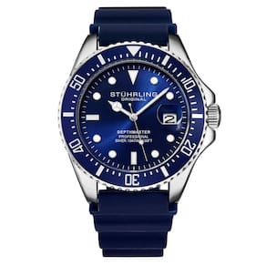Relgio masculino Depthmaster 3950R, 42mm, mostrador azul, pulseira de borracha azul e fivela de prata - Stuhrling.