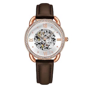 Relgio Stuhrling Automtico 3991 - Mostrador Prateado e Rosa, Pulseira de Couro Marrom Escuro e Fivela em Ouro Rosa