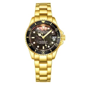 Relgio masculino Depthmaster 3950L de 32 mm com design moderno, mostrador preto e pulseira em ao inoxidvel dourado.