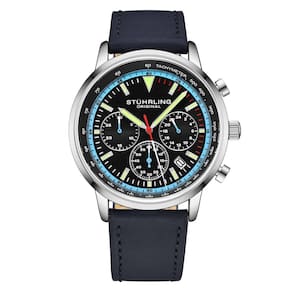 Relgio Stuhrling 3986L Crongrafo de 44mm, Mostrador Preto e Pulseira de Couro Azul - Fivela de Implantao Prateada