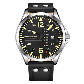 Relgio Aeronaut 3916 Aviador 43mm, Mostrador Preto/Prata, Pulseira Couro Preto e Fivela Prata, Stuhrling.