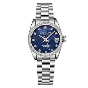Relgio Masculino Stuhrling Lineage 3936 com Mostrador Azul e Pulseira de Ao Inoxidvel Prateada de 31mm.