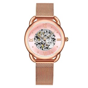 Relgio Feminino Stuhrling 3990M Automtico 36mm, Mostrador Rosa com Pulseira em Ao Inox Rosa e Fivela Dobrvel em Ouro Rosa.