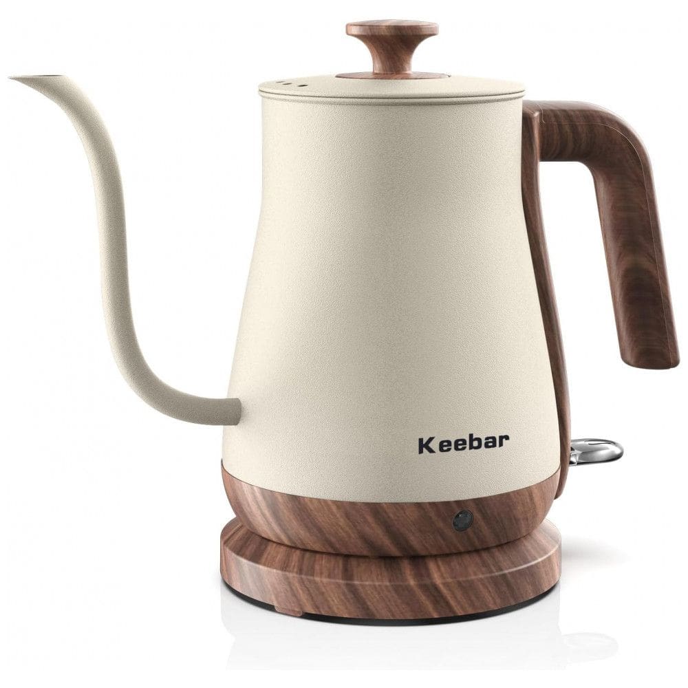 Chaleira Elétrica Pescoço de Ganso 800mL em Aço Inoxidável com Acabamento de Grão Semelhante a Madeira e Desligamento Automático, Keebar, Bege