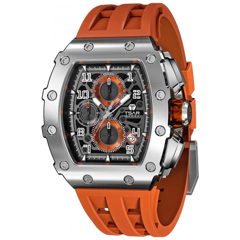 Relógio Masculino Analógico Quartzo a Prova dÁgua 50M com Cronógrafo, TSAR BOMBA TB 8204SGLZHX, Laranja e Prata