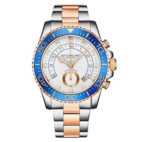 Relgio feminino Stuhrling Brigadeiro 3966 com moldura azul, mostrador branco e pulseira em ao rosa de dois tons.