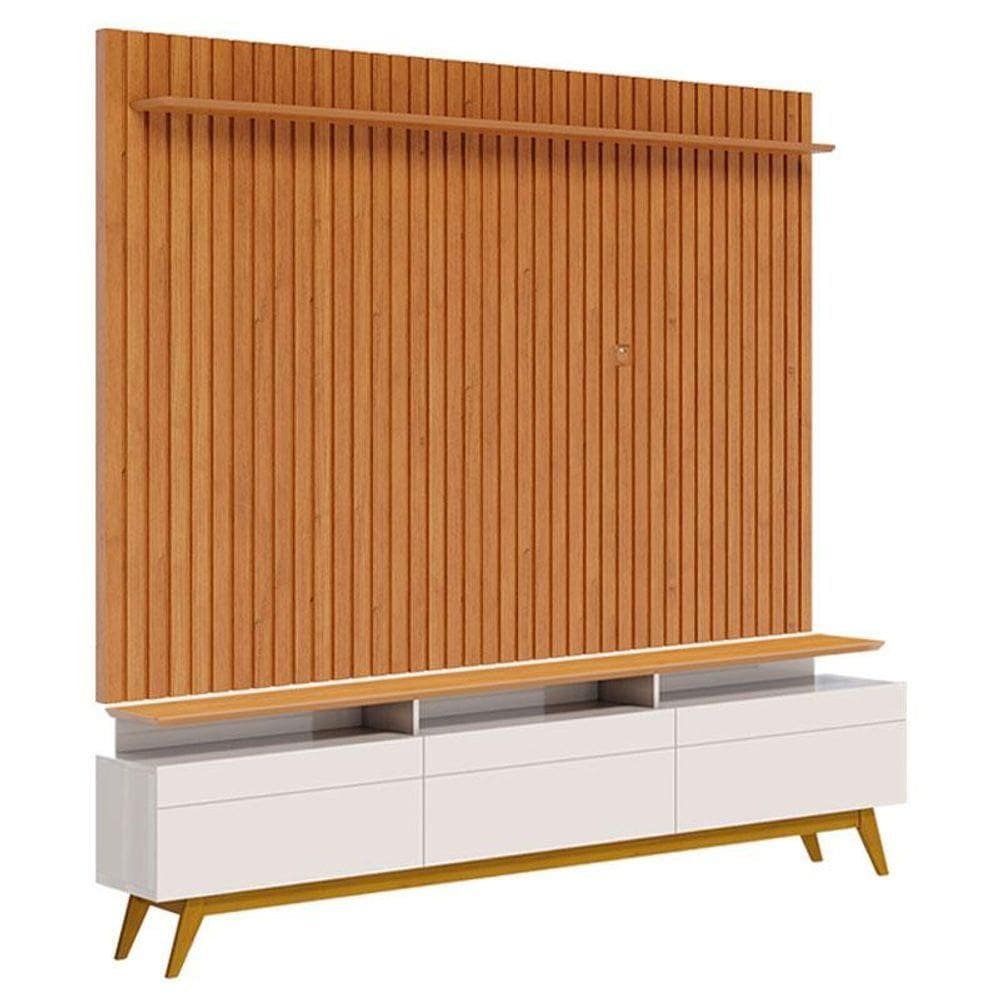 Rack Bancada Classic 3 Gavetas Com Nicho E Painel Para Tv Suspenso Ripado Loft 2.2 Off White Nature - Imcal