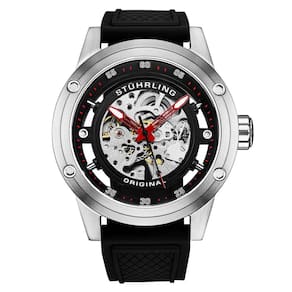 Relgio Automtico Stuhrling 4034, 50mm, Mostrador Preto, Pulseira de Borracha Preta e Fivela Tang de Prata