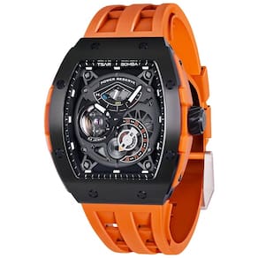 Relógio Masculino Analógico Automático a Prova dÁgua 50M com Pulseira de Silicone, TSAR BOMBA 8210 A, Laranja