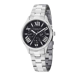 Relgio Stuhrling Lady Majestic 391L 38mm, mostrador preto, pulseira em ao inoxidvel prateado e fivela de implantao