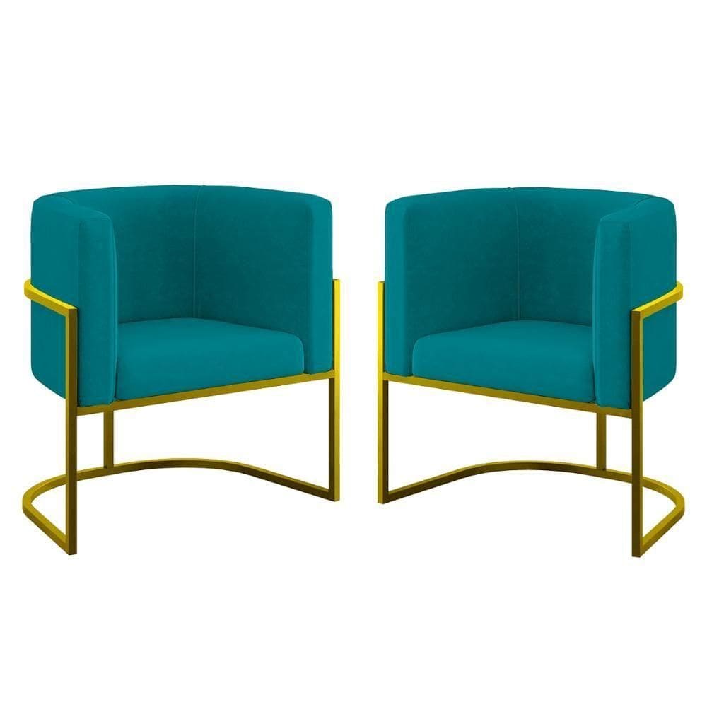 Kit 02 Cadeiras Poltrona Sala Quarto Base De Metal Gold Azul Turquesa