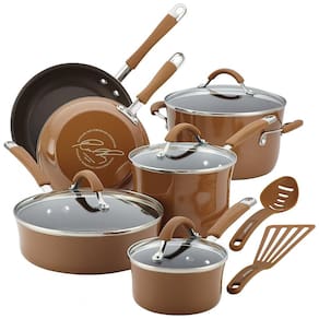 Conjunto de Panelas e Frigideiras Antiaderentes em Alumínio, 12 Peças, Rachael Ray, Marrom
