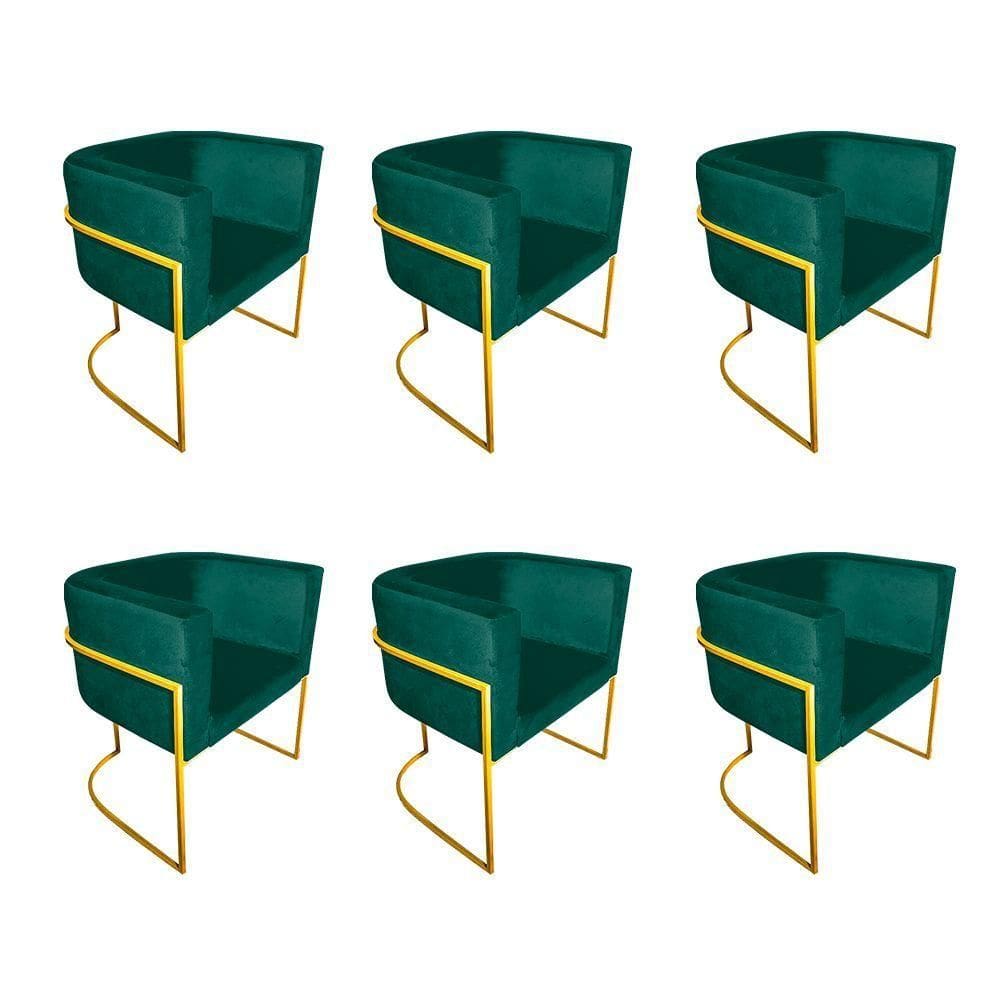 Kit 6 Poltronas Decorativa Sala De Estar Base De Ferro Dourada Veludo Verde