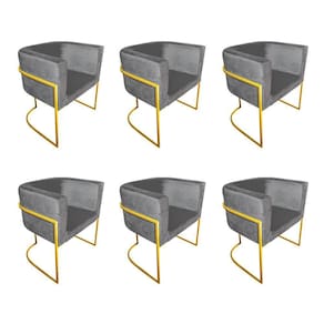 Kit 6 Poltronas Decorativa Sala De Estar Base De Ferro Dourada Veludo Cinza