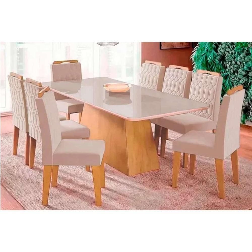 Sala De Jantar Completa Helena C- Tampo Madeirado C- Vidro 210x100cm E 8 Cadeiras Paola Nature-madeirado-suede Nude - Cimol