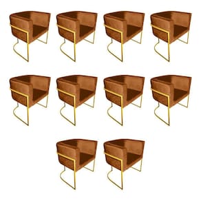 Kit 10 Cadeiras De Jantar Premium Base De Ferro Dourada Veludo Terracota Laranja