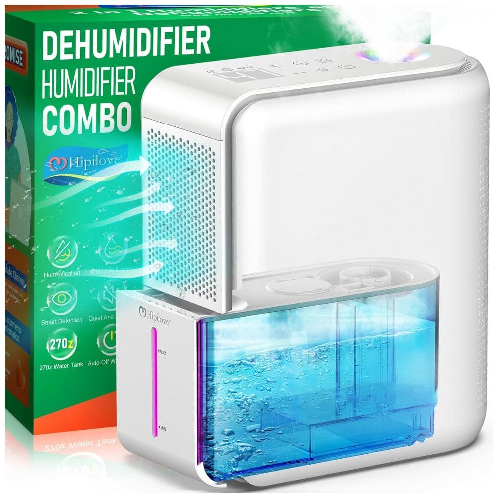 Desumidificador 2 em 1 para Quarto com 7 Cores LED, 1 L, Ultrassónico e Silencioso, Hipilove, Branco