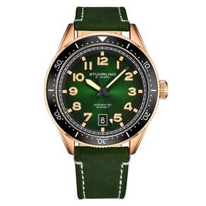 Relgio Stuhrling 3989 com mostrador verde, pulseira de couro verde e fivela em ouro rosa