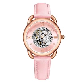 Relgio Feminino Stuhrling 3990 Automtico 36mm, Mostrador Rosa e Pulseira de Couro Rosa com Fivela Tang em Camadas de Ouro Rosa