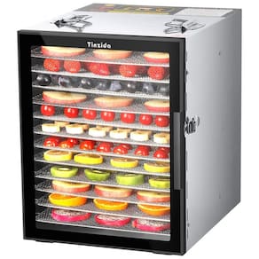 Desidratador de Alimentos Profissional com 12 Bandejas de Aço Inoxidável e Temporizador, 110V 800W, Tinzida, Prata